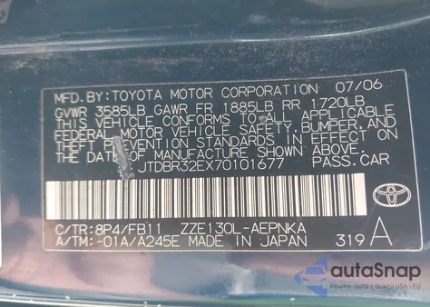 2007 Toyota Corolla Le z USA, uszkodzony, nr VIN JTDBR32EX70101677